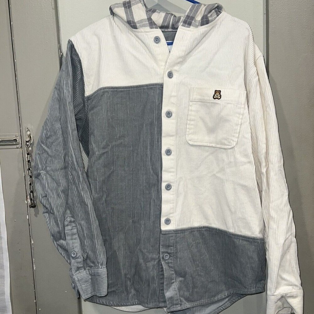 Teddy Fresh Corduroy Jacket With Flannel Hood Colorblock  Cream/Grey Size Large